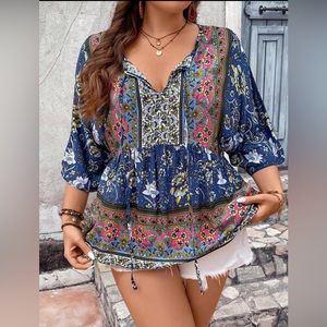 Floral Print Tie-Neck Peplum Blouse